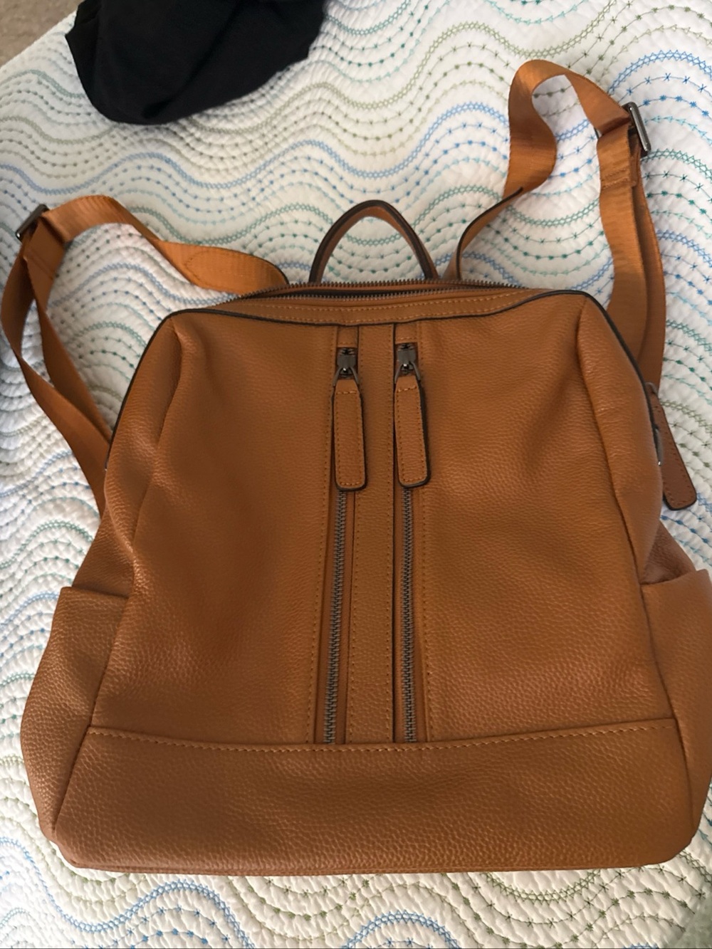 S-Zone Tan Leather Backpack with Dual Front Zippers